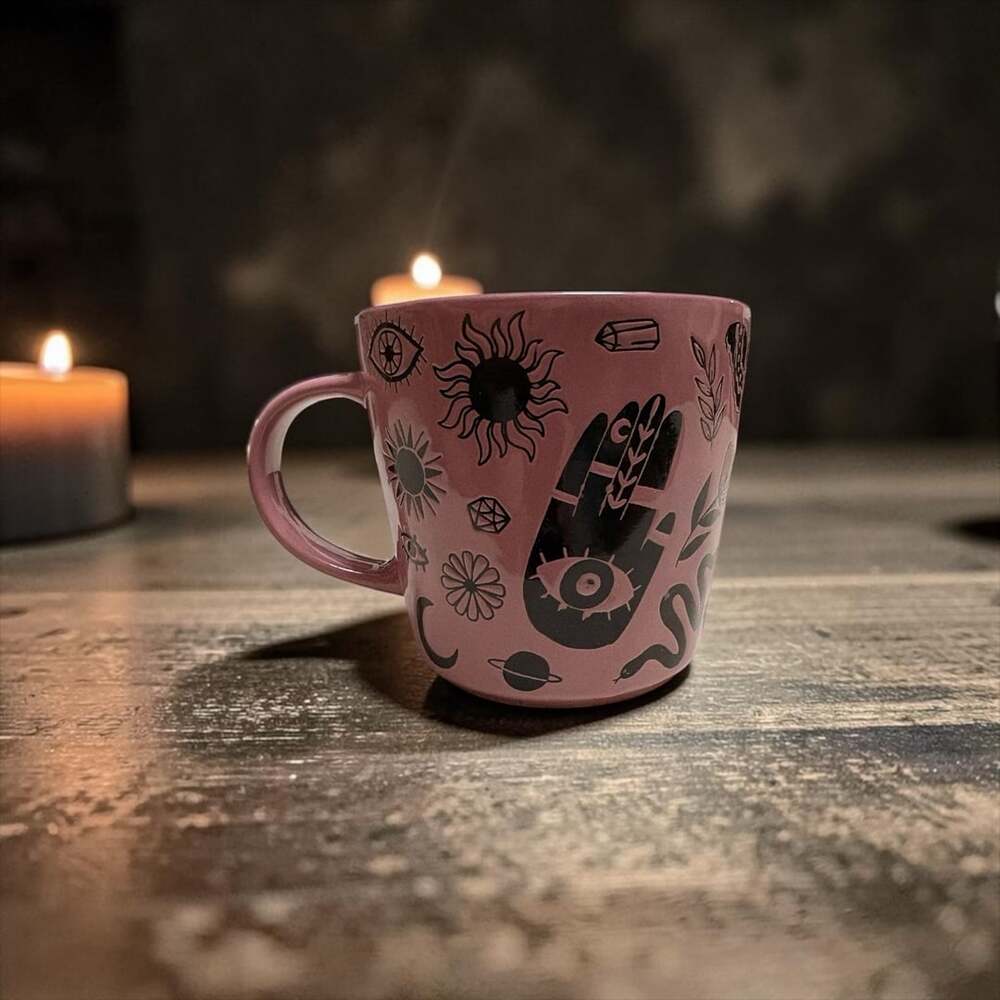 Pink and Black Mystic Evil Eye Hamsa Ceramic Coffee Mug